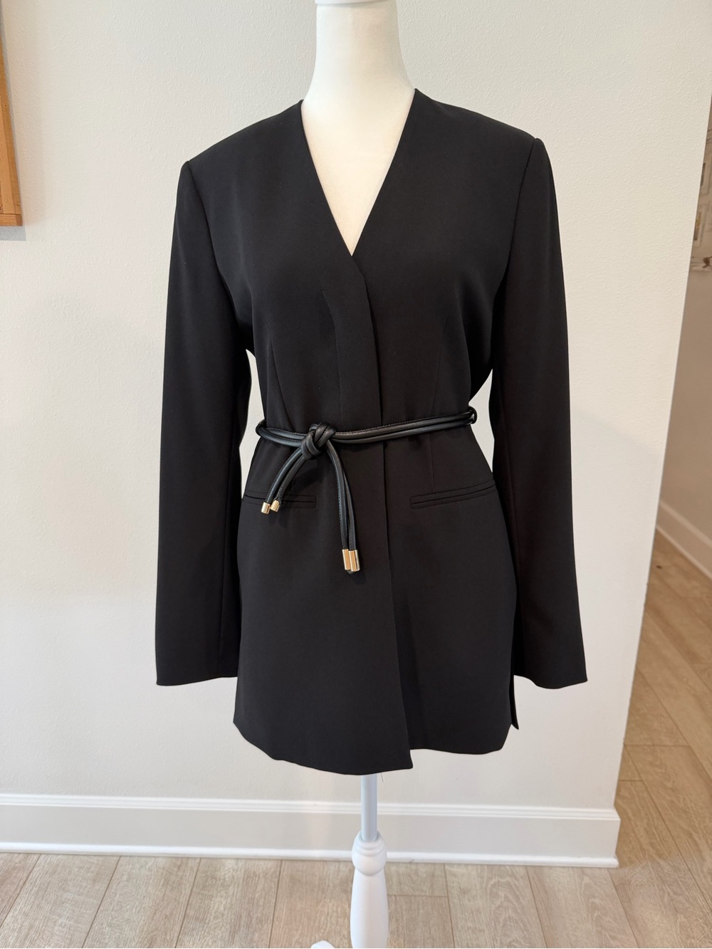 Zara Black Belted V-Neck Longline Blazer
